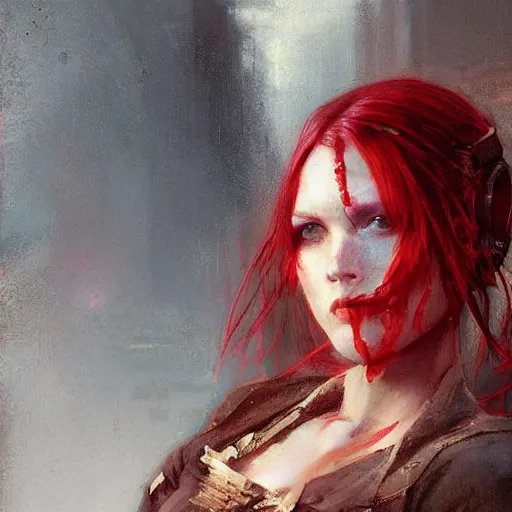 Image similar to Solomon Joseph Solomon and Richard Schmid and Jeremy Lipking victorian genre painting portrait painting of a young beautiful woman android cyberpunk future hacker punk rock in fantasy costume, red background
