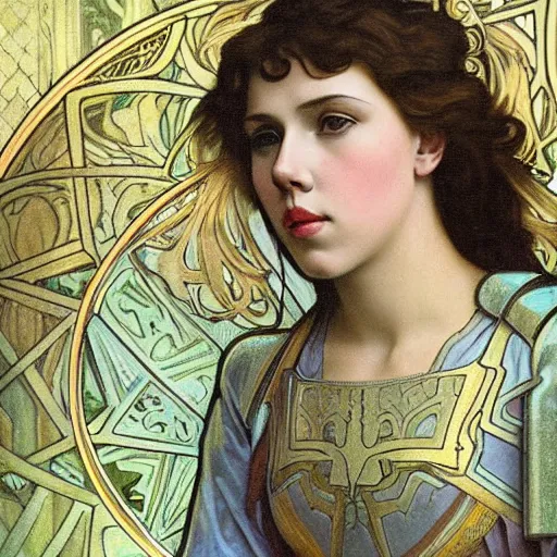 Image similar to realistic detailed face portrait of 16-year old Scarlett Johansson as Joan of Arc wearing iridescent armor by Alphonse Mucha, art nouveau