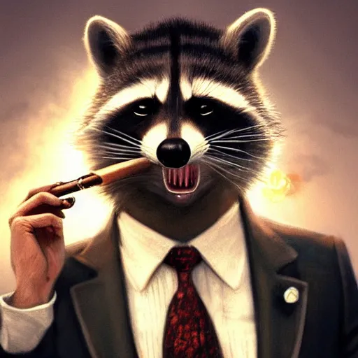 Image similar to a racoon wearing a suit smoking a cigar on his mouth, dramatic lighting, cinematic, establishing shot, extremly high detail, photorealistic, cinematic lighting, artstation, style by James Gurney