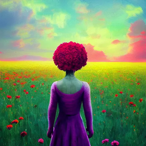 Image similar to head made of carnations flower, girl standing in a flower field, surreal photography, sunrise dramatic light, impressionist painting, colorful clouds, digital painting, artstation, simon stalenhag, flower face