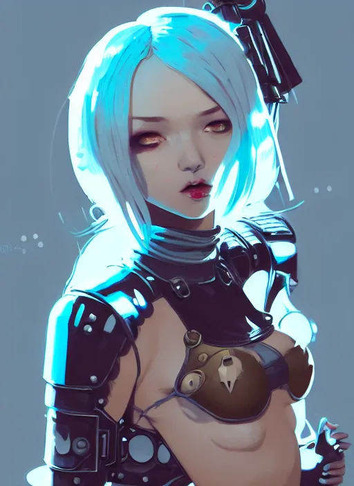 Image similar to portrait of cute goth maiden in cyber bikini armor, face by ilya kuvshinov, warhammer, cyberpunk, by atey ghailan, by greg rutkowski, by greg tocchini, by james gilleard, by joe fenton, by kaethe butcher, dynamic lighting, gradient light blue, brown, blonde cream and white color in scheme, grunge aesthetic