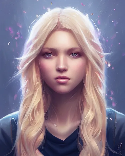 Image similar to portrait of a beautiful girl, flowy blonde hair, cinematic lighting, highly detailed, digital painting, trending on artstation, pixiv, concept art, sharp focus, illustration, art by ross tran and wlop