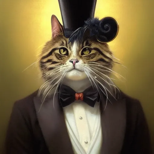 Image similar to close portrait of a fancy cat ( animal ) with a top hat and monocle, vaporwave, highly detailed, digital painting, artstation, concept art, smooth, sharp focus, illustration, art by artgerm and greg rutkowski and alphonse mucha