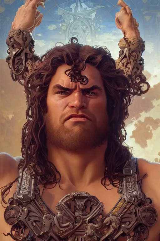 Image similar to hulking herculean ogre jesus christ, masterpiece, intricate, elegant, highly detailed, digital painting, artstation, concept art, smooth, sharp focus, illustration, art by artgerm and greg rutkowski and alphonse mucha and uang guangjian and gil elvgren and sachin teng, symmetry!!