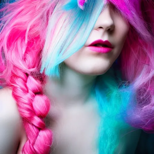 Image similar to a melanchonic photo of a beautiful young woman with cotton candy hair. with a little bit of cyan and pink