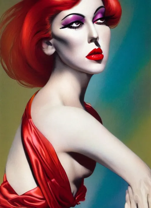 Image similar to an 8 0 s portrait of a woman with dark eye - shadow and red lips with dark slicked back hair dreaming acid - fueled hallucinations by serge lutens, rolf armstrong, delphin enjolras, peter elson