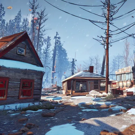 Prompt: small wooden settlers village, canada in the winter in ruins post - nuclear war in fallout 4, in game screenshot