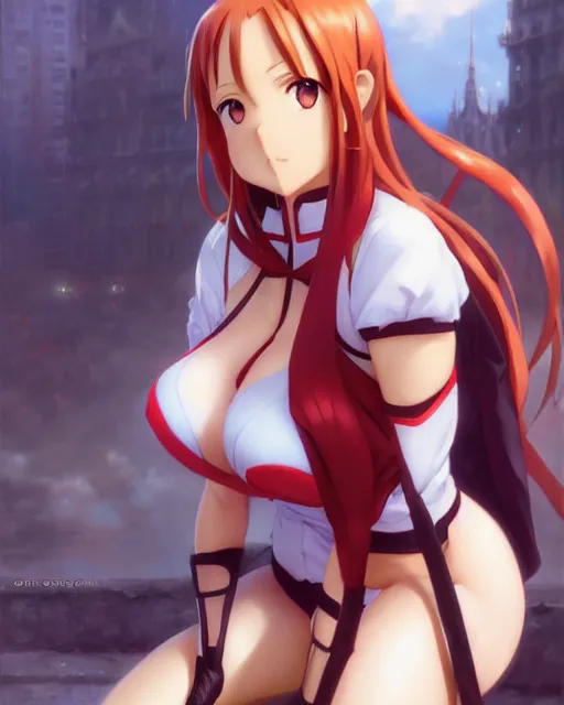 Image similar to pinup photo of asuna from sao in the crowded square of the city, asuna by a - 1 pictures, by by greg rutkowski, artgerm, gil elvgren, enoch bolles, glossy skin, pearlescent, anime, very coherent, sao style anime, flat