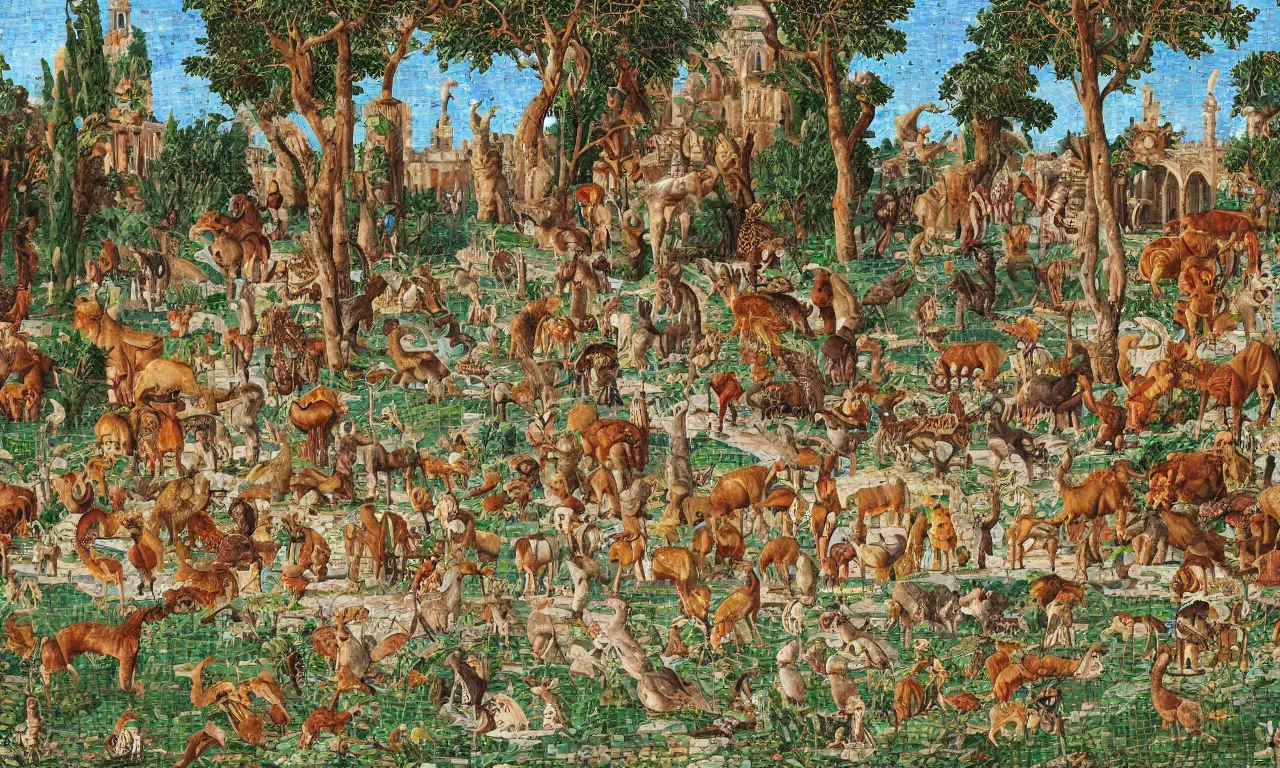 Image similar to Zoo animals within the garden of the great palace of Constantinople's mosaics, digital art, 3d, perfect lighting, natural, colourful
