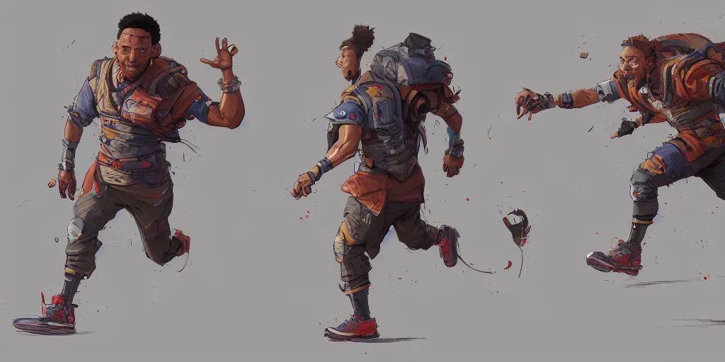 Image similar to cartoonish will smith running, vivid colors, character sheet, fine details, concept design, contrast, kim jung gi, greg rutkowski, trending on artstation, 8 k, full body, turnaround, front view, back view, ultra wide angle