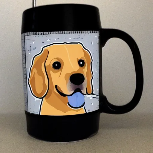 Image similar to golden retriever puppy working in an office, looking tired, in the style of dilbert, style of scott adams, style of comic strip, full color illustration, mondays, coffee mug