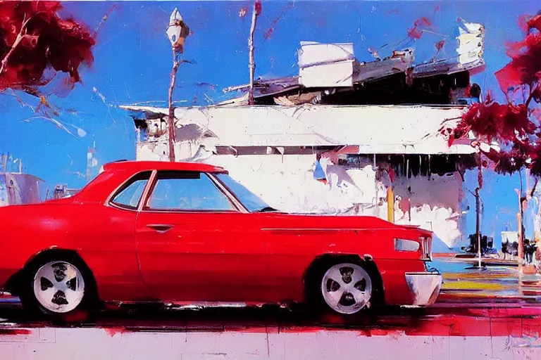 Image similar to red car, white background!!!!!!!!!!, style by John Berkey