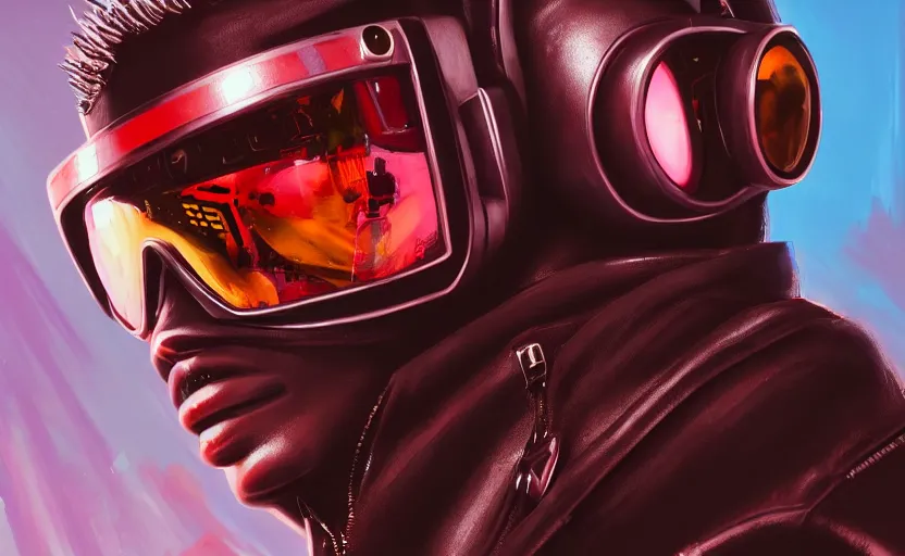 Prompt: closeup painting of anthro big head bee, cyberpunk, wearing crimson - black shutter shades and a dark brown leather jacket, portrait, hyperdetailed, artstation, cgsociety, 8 k, synthwave by tangerine dream