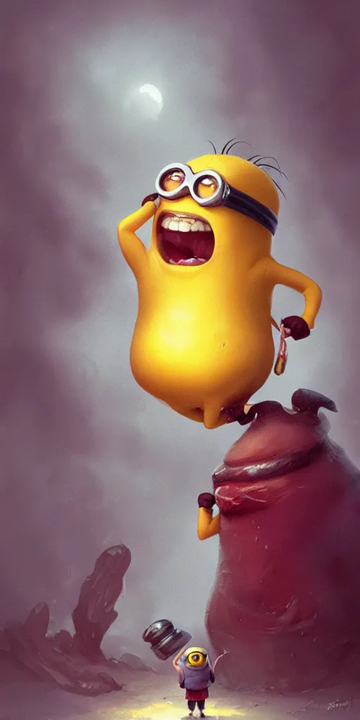 Prompt: A Isolated Giant Minion Blob holding a screaming Banana in it's hand by Greg Rutkowski and Thomas Kinkade, artstation