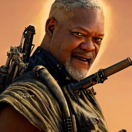 Image similar to Epic Masterpiece action shot of Lawrence Fishburne as Immortan Joe in Mad Max: Fury road (2015), drawn by Donato Giancola and Tom Bagshaw, Edmund Leighton, Alphonse Mucha, 4k, volumetric lighting, komorebi, trending on artstation, octane render, hyperrealistic