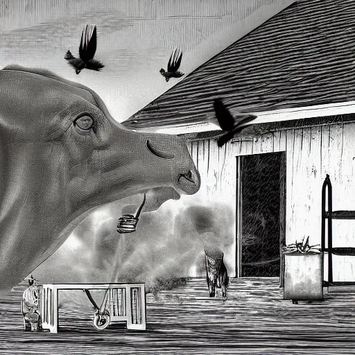 Image similar to A digital painting of a cannon on a porch. Birds are flying over and one of them is hit by a vase that was thrown into the air. A bull plays saxophone while next to the bull a farmer with a pitchfork smokes a cigarette.