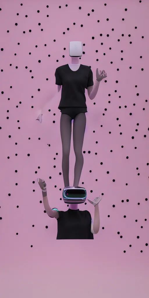 Image similar to 3d matte render, VR goggles, mannequins, dj rave party, Hsiao-Ron Cheng, pastel colors, hyper-realism, pastel, polkadots, minimal, simplistic, amazing composition, vaporwave, wow, Gertrude Abercrombie, Beeple, minimalistic graffiti masterpiece, minimalism, 3d abstract render overlayed, black background, psychedelic therapy, trending on ArtStation, ink splatters, pen lines, incredible detail, creative, positive energy, happy, unique, negative space, pure imagination painted by artgerm