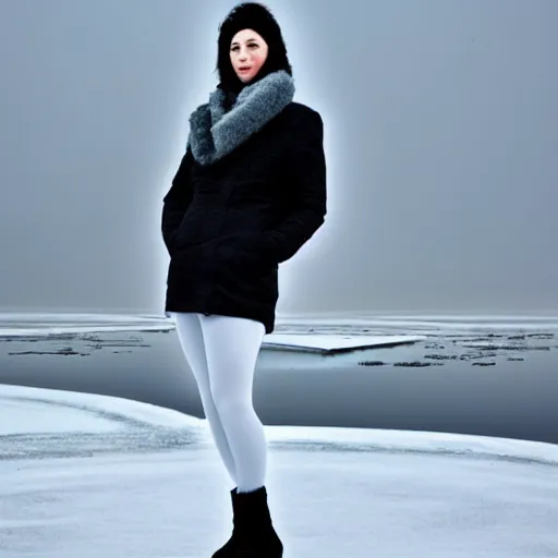 Prompt: a tall white girl with black hair and bangs wearing a black winter coat photographed in front of a frozen lake in Denmark, foggy blue weather, hd, 8k,