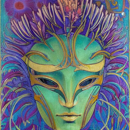 Image similar to masterpiece painting of a facemask made of stylized flowers, by annie swynnerton and jean delville and tino rodriguez and john watkiss, flower mask, art deco shaman, art brut, symbolist, dramatic lighting, god rays, elaborate geometric ornament, clean crisp graphics, soft cool colors, smooth, sharp focus, extremely detailed