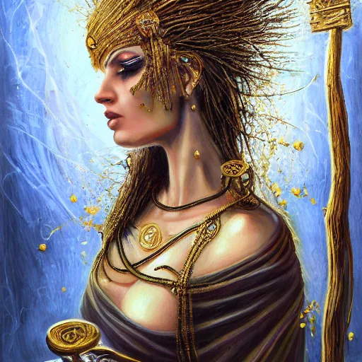 Prompt: angry beautiful Goddess of life with a veil, dark Goddess of artificial intelligence creating an artificial neural network with gold synapses on an anvil with her hammer, high resolution, award winning art, trending on art station, sharp image, incredibly detailed, detailed character, realistic painting, hyper-realistic painting, coherent painting, master piece by ramon y cajal