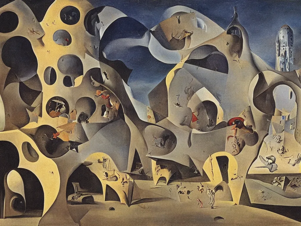 Image similar to feet running away from their master with star shaped building. painting by bosch, salvador dali, moebius