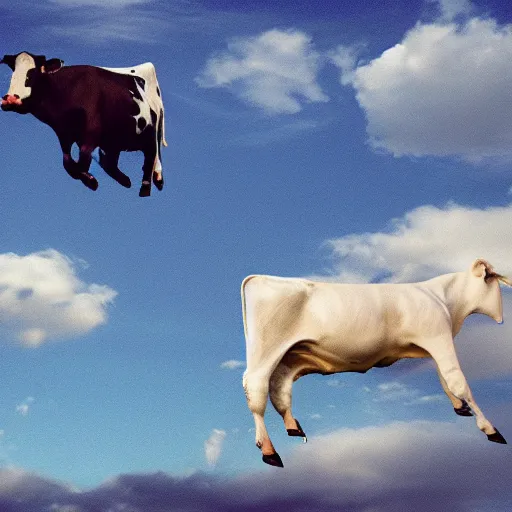 Prompt: a cow flying in the sky with clouds