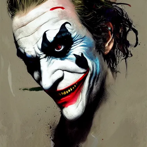 Prompt: joker, crazy face, hand covering face, paint by greg rutkowski