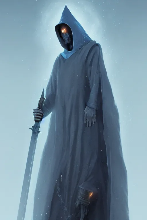Image similar to A full body portrait of a mysterious sorcerer with a very long hooded grey and blue cloak standing by the sword in the stone by Maciej Kuciara and Jason Chan, ominous, cosmic horror, trending on artstation, Ultra detailed, hyper realistic 4k