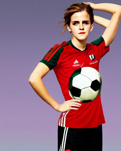 Image similar to a portrait of emma watson wearing lokomotiv football shirt, hyper realistic