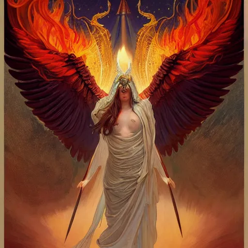 Prompt: an acrylic on canvas portrait of a great lucifer flying, great wings, demon horn, fire above head, long dark hair,, Mystery, Love, wholeness, rooted lineage, web of life, open eye freedom by Greg Rutkowski, Artgerm and Alphonse Mucha. Epic fantasy art.