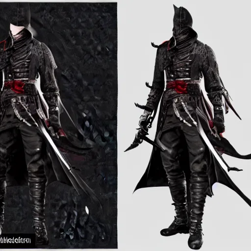 Image similar to Full body profile of Male Victorian Gothic Ninja, hd, intricate, bloodborne, 8k, digital art