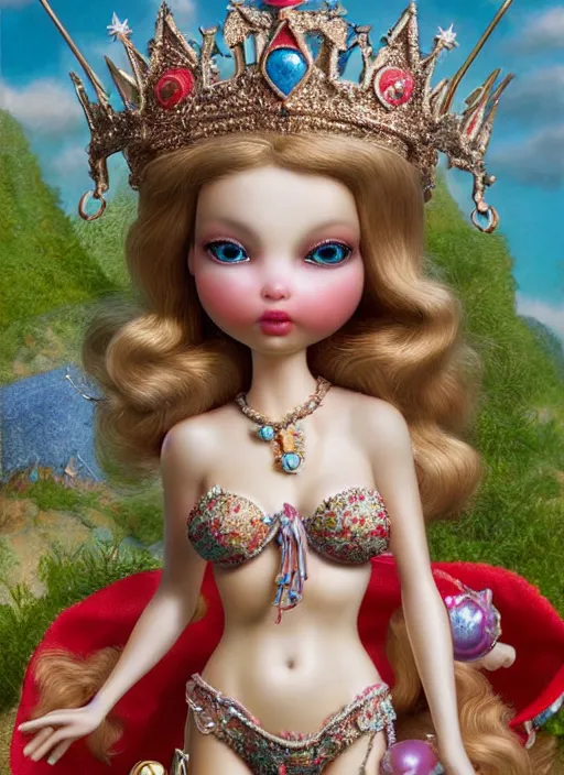 Image similar to highly detailed closeup, profile portrait of a tin toy fairytale princess wearing a crown, bikini, unreal engine, nicoletta ceccoli, mark ryden, earl norem, lostfish, global illumination, detailed and intricate environment