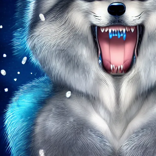 Image similar to 3 d render, well toned, large, female anthropomorphic wolf with wings, blue fur and scales with white spots and wings on her back, icey blue dress, furr covering her chest.