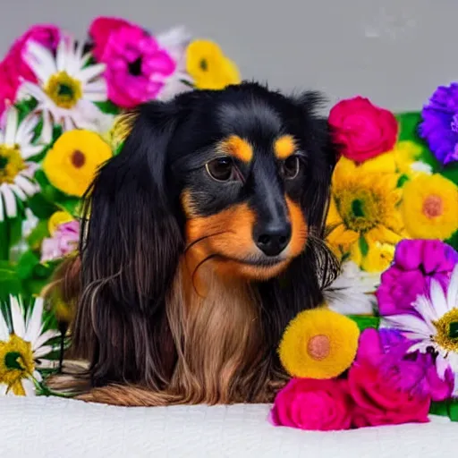 Image similar to long haired dachshund shi tzu mix laying on a bed of multi-color flowers l, Matisse