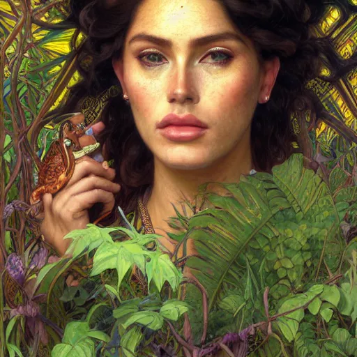 Prompt: face portrait of a beautiful alluring female aztec queen in a dense jungle at sunset, detailed, centered, digital painting, artstation, concept art, donato giancola, Dante Gabriel Rossetti, alphonse mucha, Joseph Farquharson, Joseph Christian Leyendecker, WLOP, Boris Vallejo, Breathtaking, 8k resolution, extremely detailed, beautiful, establishing shot, artistic, hyperrealistic, beautiful face, octane render