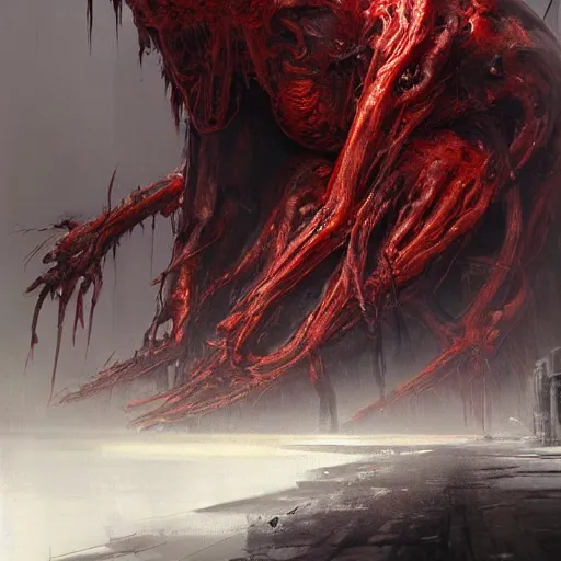 Prompt: concept art by greg rutkowski, a huge, hideous monster made of twisted flesh and reddish ooze, claustrophobic and futuristic, brutalistic environment, scifi, detailed and intricate environment, high technology, highly detailed portrait, digital painting, artstation, concept art, smooth, sharp foccus ilustration, artstation hq.