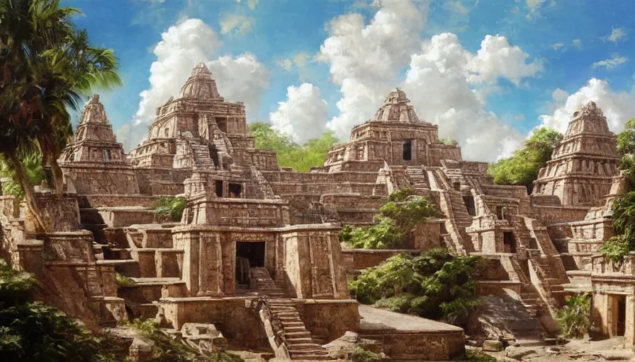 Image similar to excellent painted Aztec temples somewhere in Mexico with fluffy clouds, painted by Hans Fredrik Gude, Greg Rutkowksi, Craig Mullins and Artgerm, masterpiece, 4k, ultra realistic highly detailed oil painting