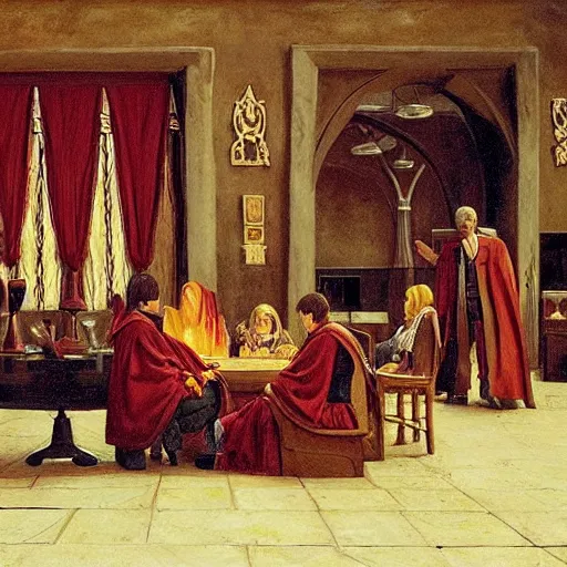 Prompt: gryffindor common room scene, harry potter, gryffindor, by jean - leon gerome, otto pilny, adrien henri tanoux, giulio rosati, orientalism painting