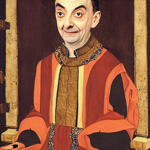 Image similar to A portrait of Mr. bean depicted as a medieval king on a throne, renaissance oil painting