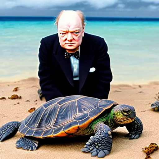 Prompt: A confounded Winston Churchill discovers the first turtle ever in Galapagos, national geographic, XF IQ4, f/11, ISO 200, 1/500s, 4k, 8K, RAW, directed gaze