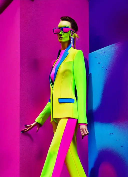 Prompt: bright trouser suit for a rave, bright colors, many details, prints, photo for a magazine, photo for a store, fashion photography, Vogue, 135 mm, cinematic, hyper realism, high detail, 8k, Two models in the frame, dynamic pose,Smooth skin, perfect face