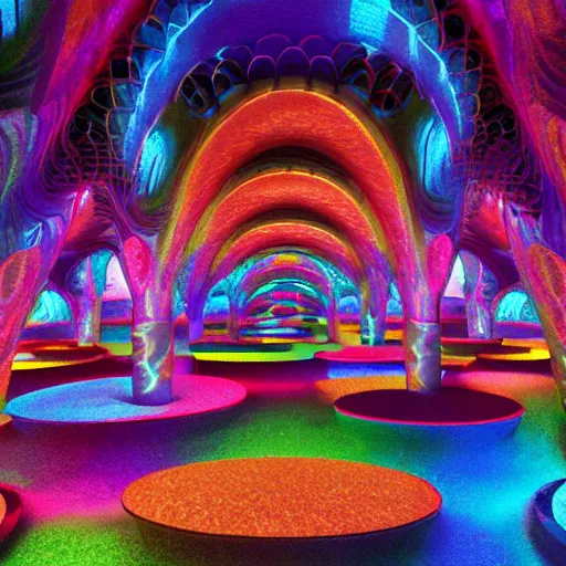 Image similar to underground cinema, realistic architecture, colorfull lights, octane render, 4k, 8k, fractals, psychedelic