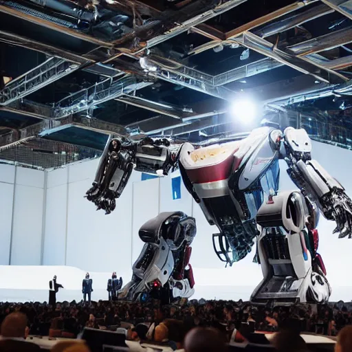 Prompt: Elon Musk presenting a giant mecha robot to an audience, Tesla Presentation, Professional photography, 8K