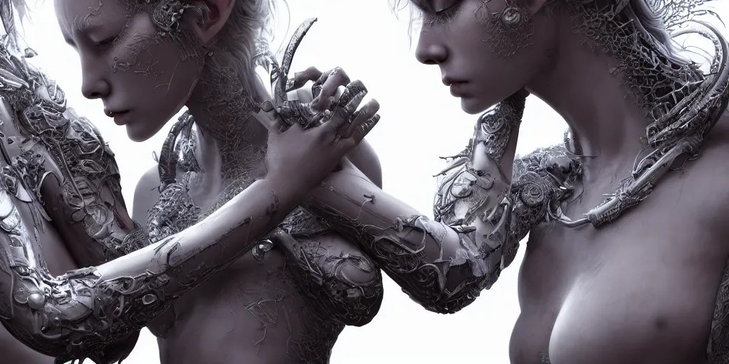 Image similar to hyperrealistic photography of a stunningly cyborg female, intimate, holding hands, kissing, in the style of beth cavener, jin kagetsu,, and wlop, highly detailed, intricate filigree, chrome face symmetry, masterpiece, award - winning, sharp focus, concept art, high key, ambient lighting, 8 k, octane render, artstation