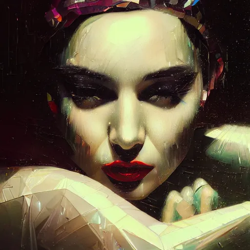 Image similar to detailed face of a woman clothed wrapped in textiles, lush, opulent, shards, utopian, tech noir, wet reflections, prism, atmospheric, ambient, pj crook, syd mead, livia prima, artgerm, greg rutkowski, nick alm, casey baugh