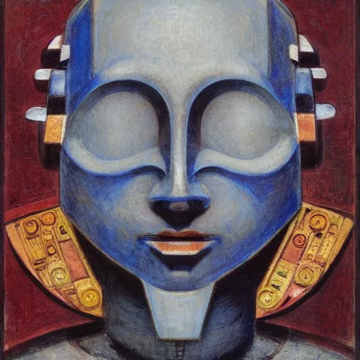 Image similar to head of a robot wearing a mask made of enamelled flowers, by annie swynnerton and edward hopper and jean delville and john watkiss and rufino tamayo, art deco shaman, stylized geometric flowers, art brut, symbolist, dramatic lighting, god rays, clean crisp graphics, smooth sharp focus, extremely detailed, adolf wolfli