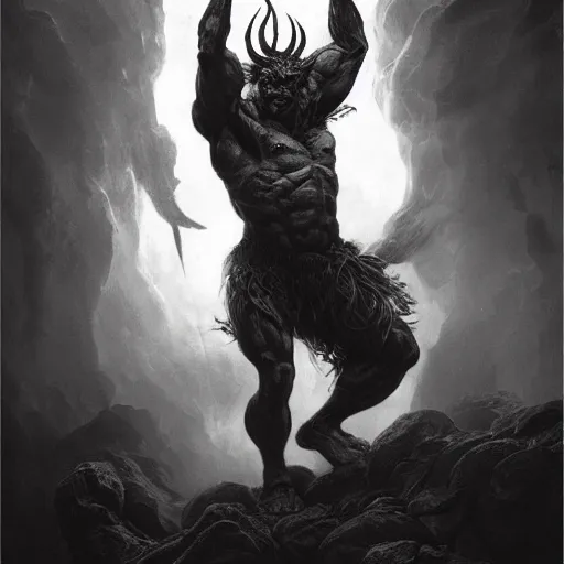 Image similar to full body, grayscale, muscled humanoid balrog demon, horns, claws, large horned tail, heroic pose, flames, fire, tarot, Gustave Dore, Greg Rutkowski,