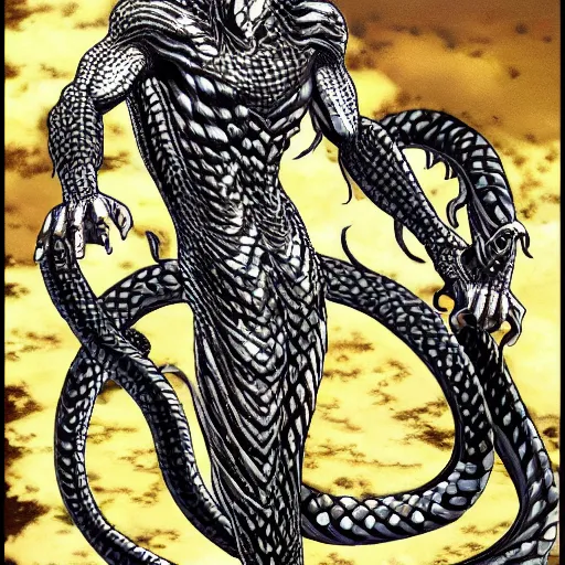 Image similar to a male anime character, naga, serpent body, kentaro miura art style