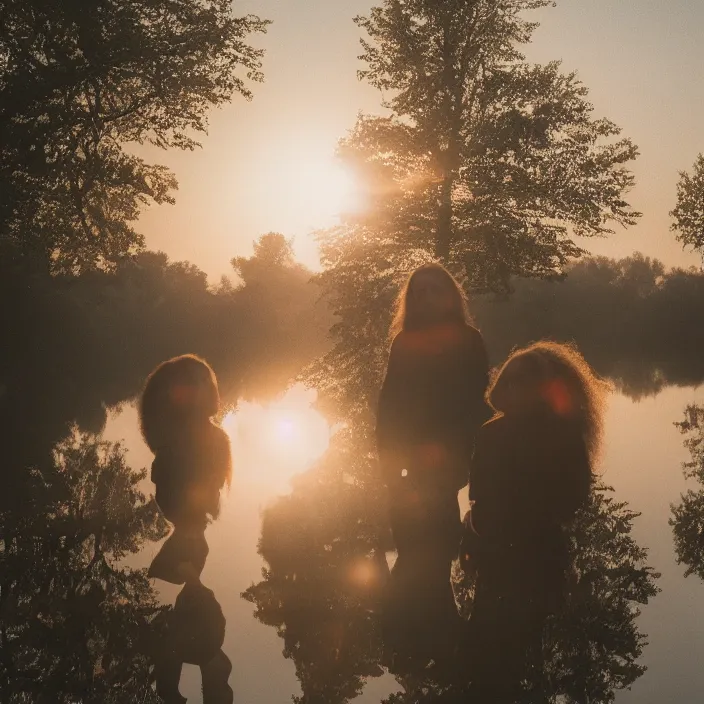 Prompt: a closeup portrait of a three - headed woman, floating in huge levitating luminescent orb, in a foggy pond, golden hour, by jan van eyck, canon eos c 3 0 0, ƒ 1. 8, 3 5 mm, 8 k, medium - format print