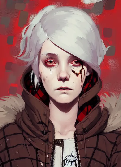 Image similar to highly detailed portrait of a sewer punk canadian lady, tartan hoody, white hair by atey ghailan, by greg rutkowski, by greg tocchini, by james gilleard, by joe fenton, by kaethe butcher, gradient red, brown, blonde cream and white color scheme, grunge aesthetic!!! ( ( graffiti tag wall background ) )